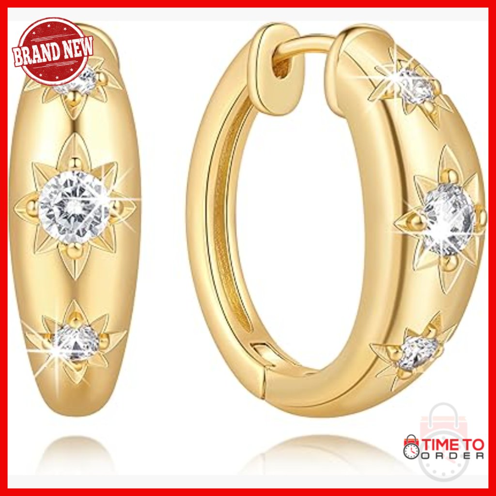 14k Gold Plated Chunky Hoop Earrings With Snowflake Zircon Setting